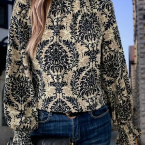Smocked Printed Mock Neck Blouse