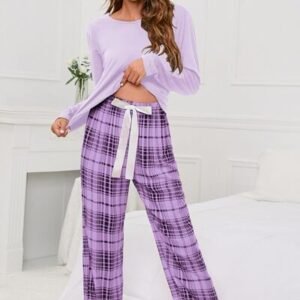 Round Neck Long Sleeve Top and Bow Plaid Pants Lounge Set
