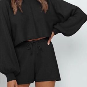 Round Neck Long Sleeve Top and Drawstring Shorts Lounge Set