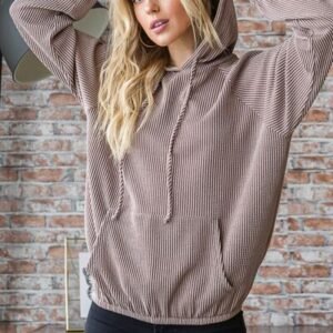 Heimish Full Size Ribbed Drawstring Kangaroo Pocket Hoodie