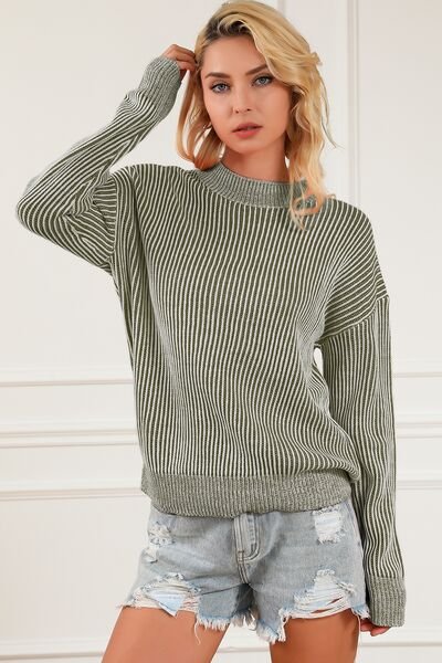 Striped Mock Neck Dropped Shoulder Sweater - Image 3