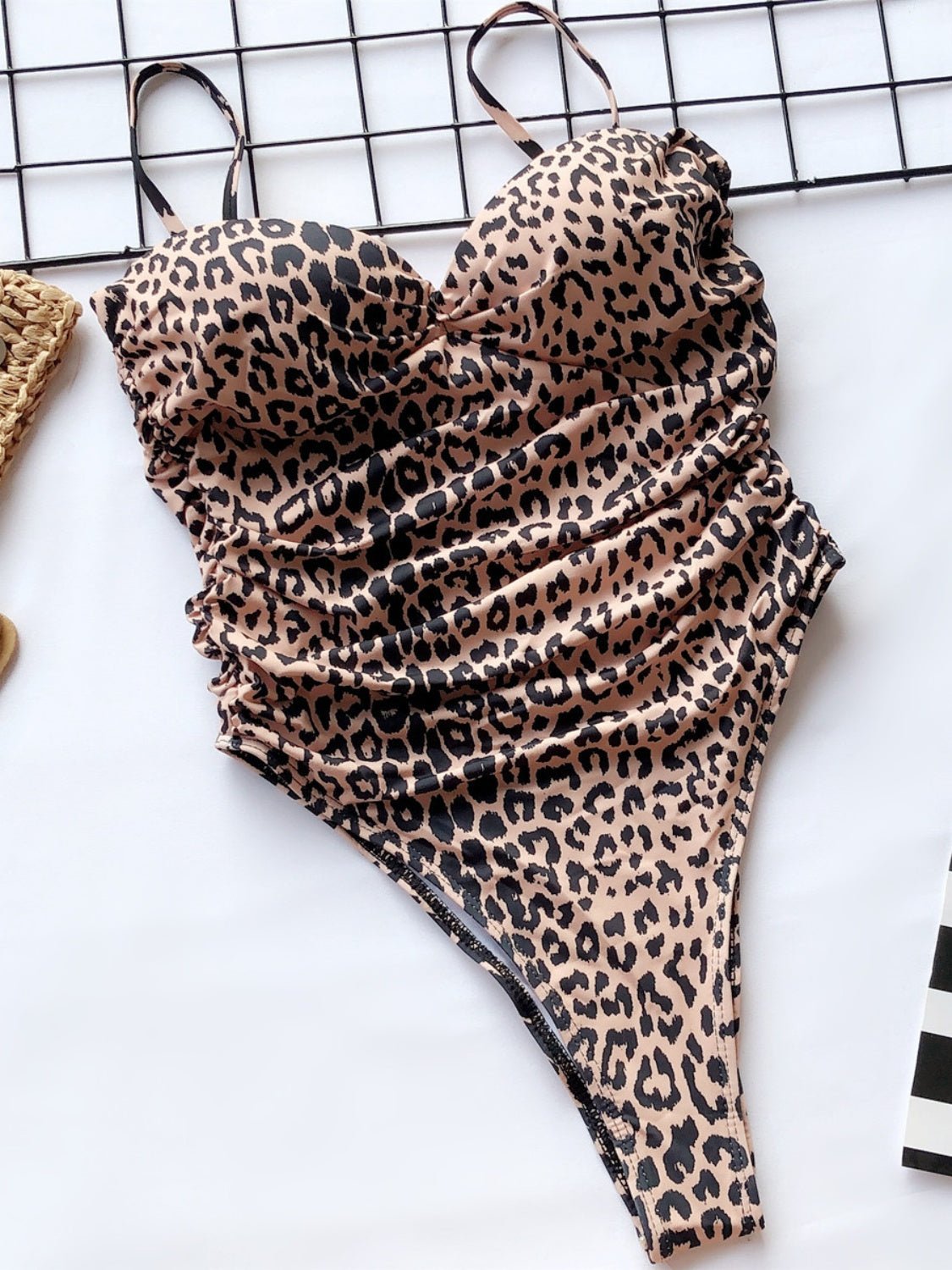 Ruched Leopard Spaghetti Strap One-Piece Swimwear - Image 8