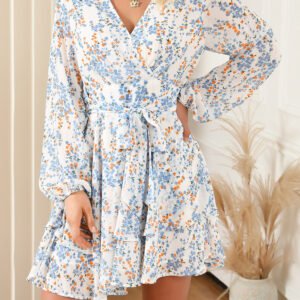 Printed Surplice Balloon Sleeve Mini Dress