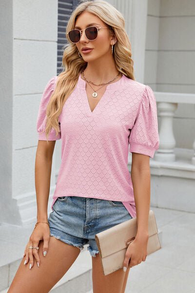 Eyelet Notched Puff Sleeve T-Shirt - Image 19