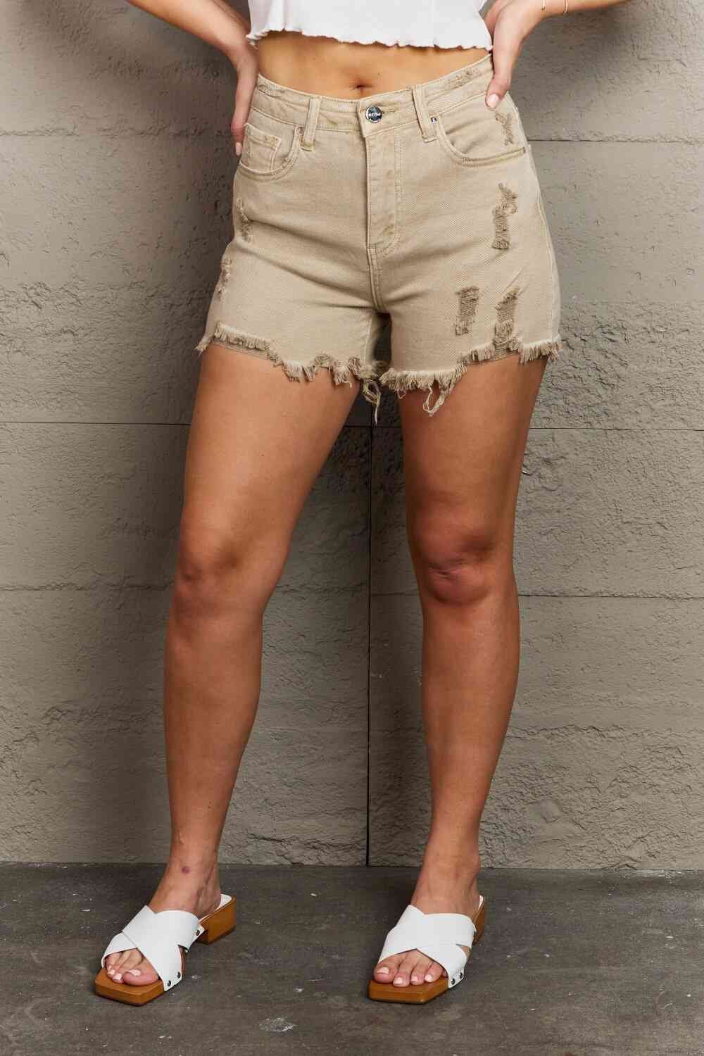RISEN Katie Full Size High Waisted Distressed Shorts in Sand - Image 11