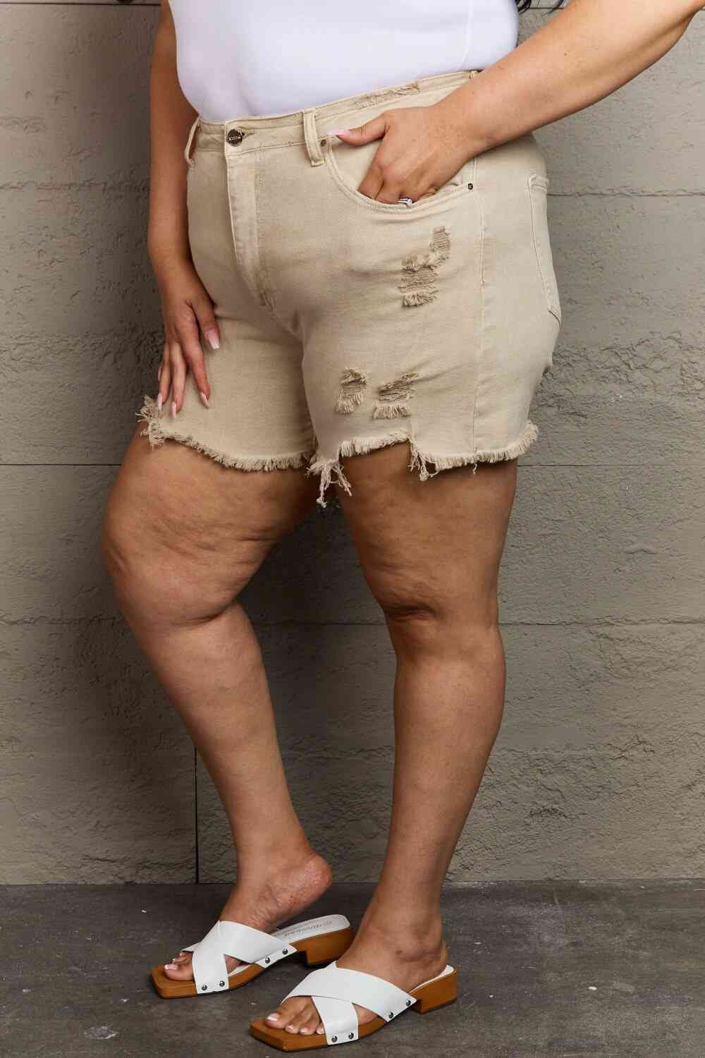 RISEN Katie Full Size High Waisted Distressed Shorts in Sand - Image 8