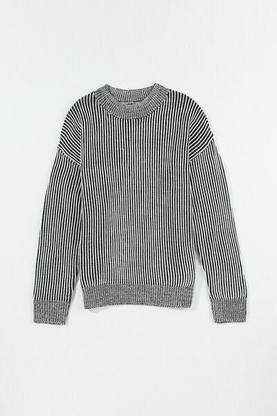 Striped Mock Neck Dropped Shoulder Sweater - Image 5