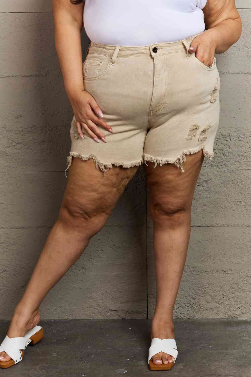 RISEN Katie Full Size High Waisted Distressed Shorts in Sand - Image 7