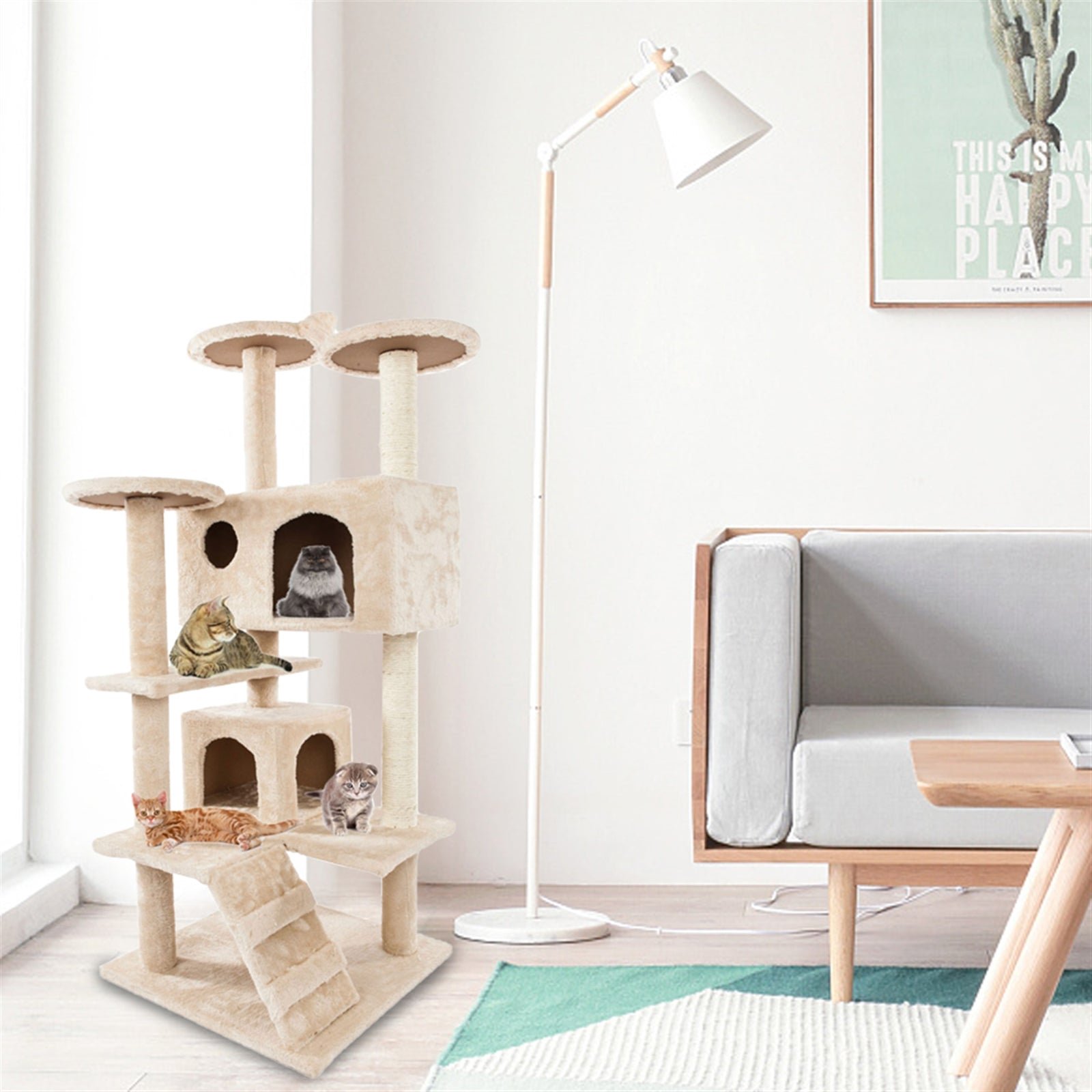 52" Solid Cute Sisal Rope Plush Cat Climb Tree Cat Tower Beige - Image 6