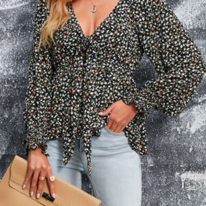 Tied Ditsy Floral Long Sleeve Blouse