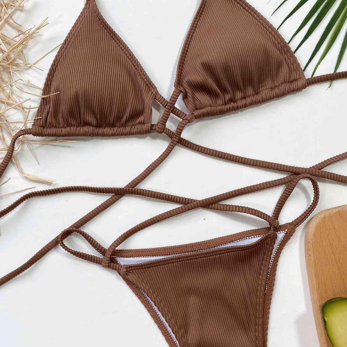 Halter Neck Crisscross Ribbed Bikini Set - Image 12