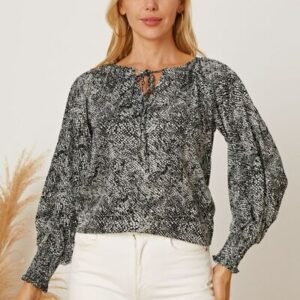 Printed Tie Neck Lantern Sleeve Blouse