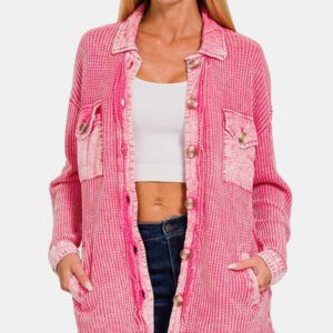 Zenana Waffle-Knit Button Up Dropped Shoulder Jacket