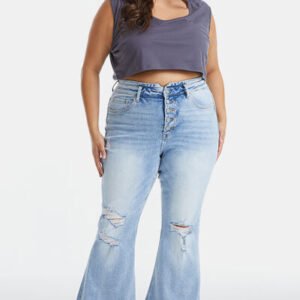 BAYEAS Full Size Distressed Raw Hem High Waist Flare Jeans