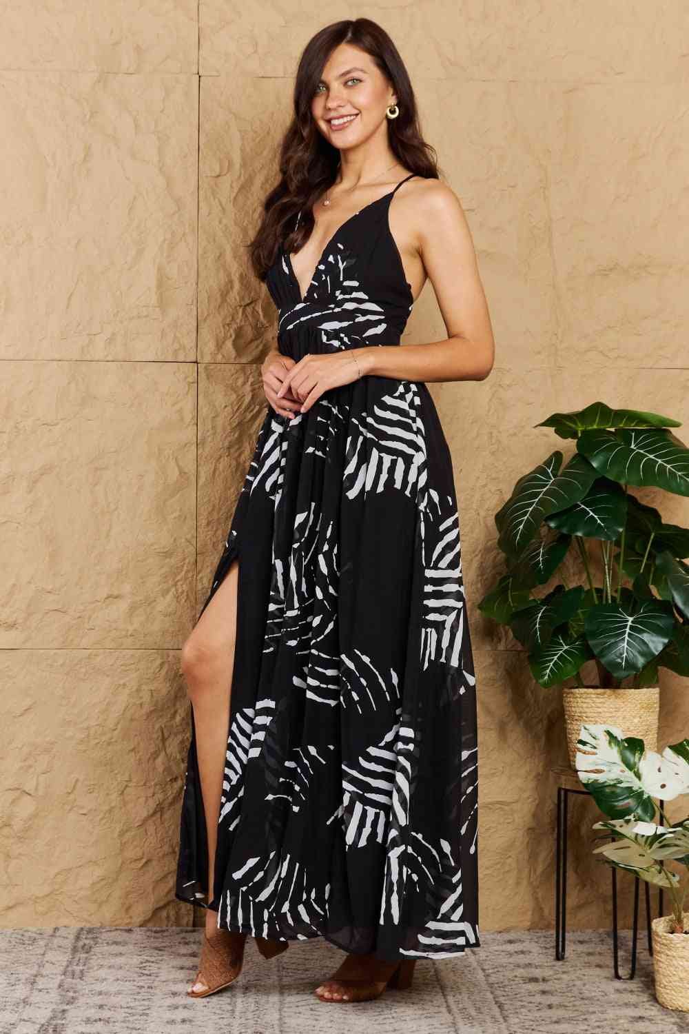 OneTheLand Black Leaf Printed Maxi Dress - Image 4