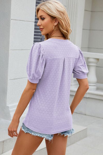 Eyelet Notched Puff Sleeve T-Shirt - Image 28