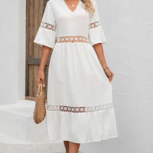 Cutout V-Neck Half Sleeve Midi Dress