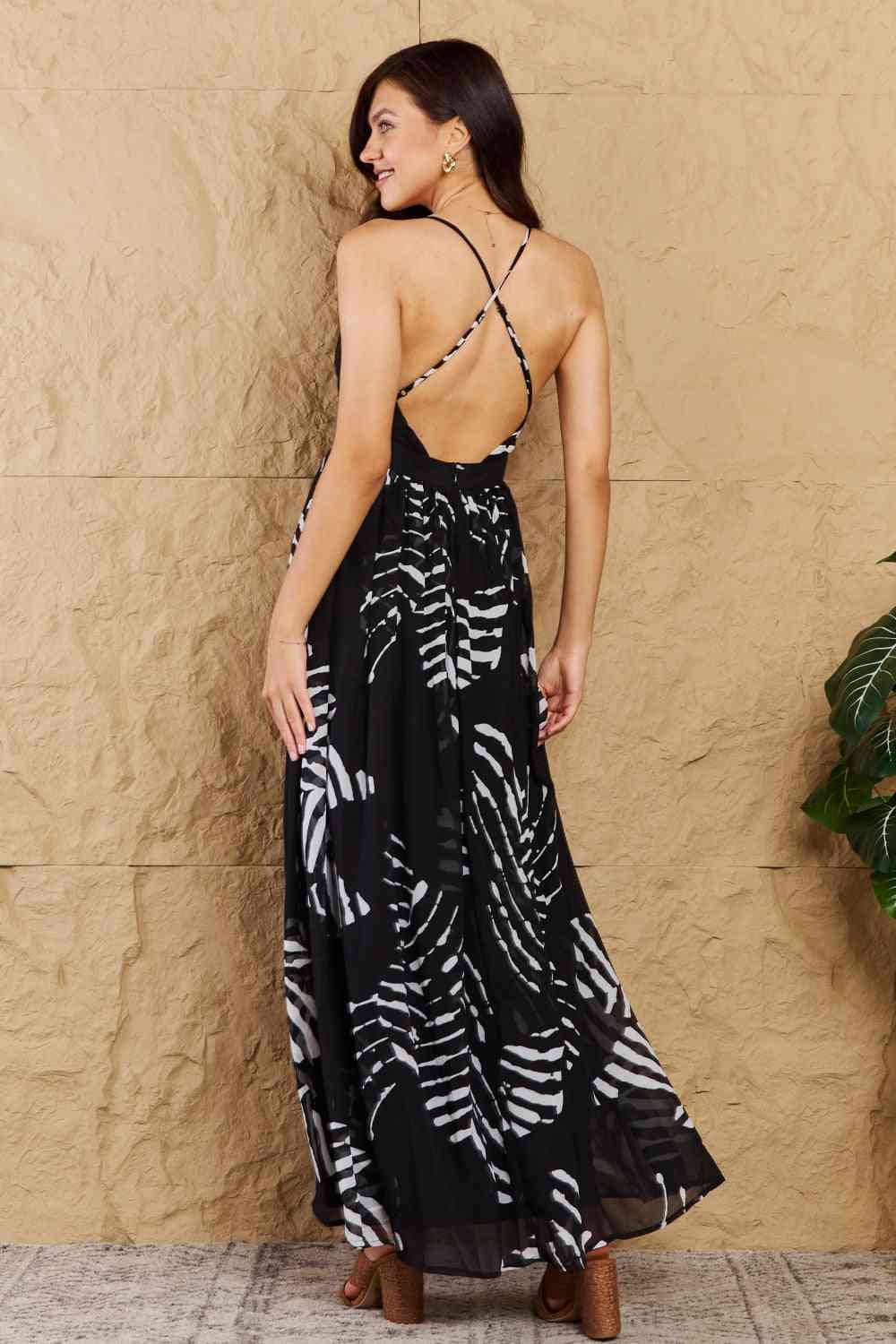 OneTheLand Black Leaf Printed Maxi Dress - Image 2