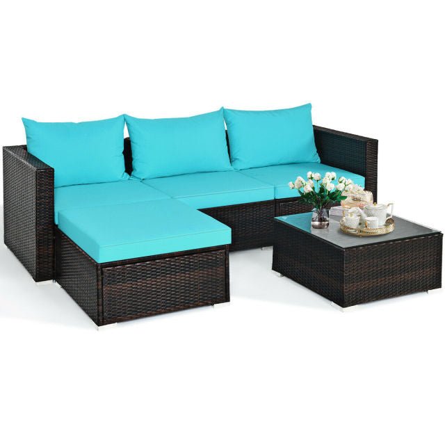 5PCS Patio Rattan Furniture Set Sectional Conversation Sofa w/ Coffee Table HW66521 - Image 9