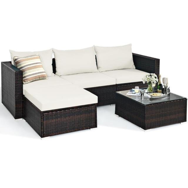 5PCS Patio Rattan Furniture Set Sectional Conversation Sofa w/ Coffee Table HW66521 - Image 16