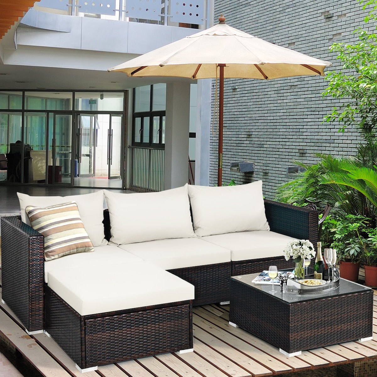 5PCS Patio Rattan Furniture Set Sectional Conversation Sofa w/ Coffee Table HW66521 - Image 15