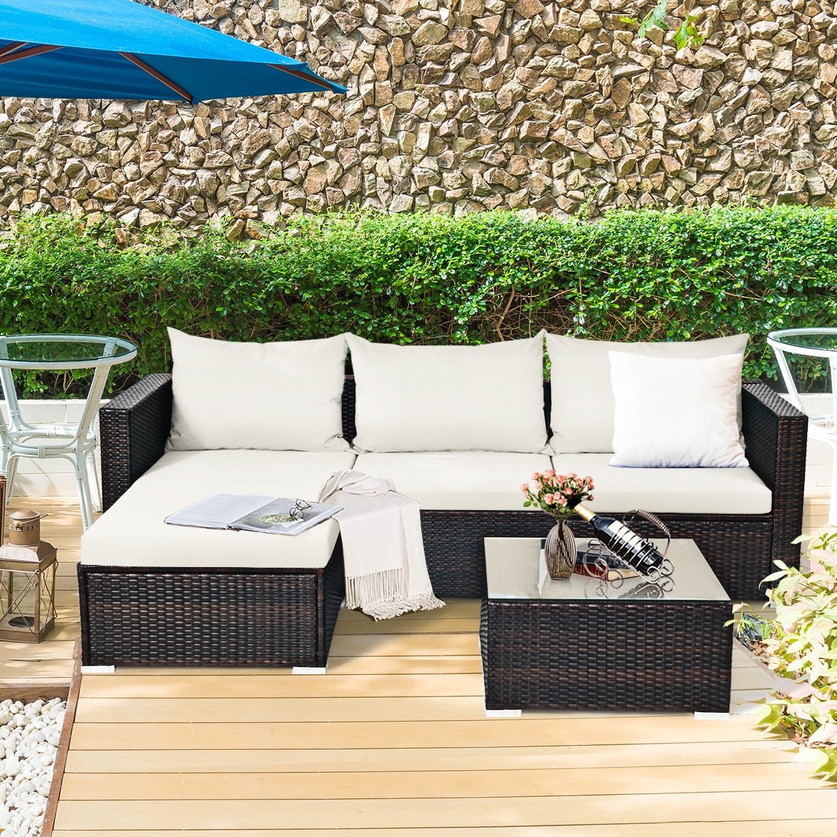 5PCS Patio Rattan Furniture Set Sectional Conversation Sofa w/ Coffee Table HW66521 - Image 5