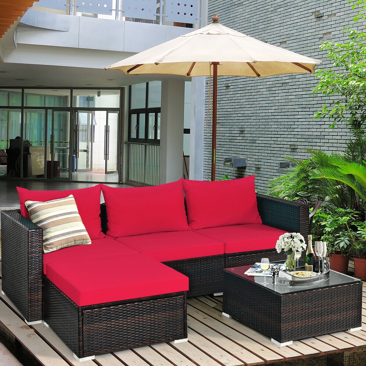 5PCS Patio Rattan Furniture Set Sectional Conversation Sofa w/ Coffee Table HW66521 - Image 14