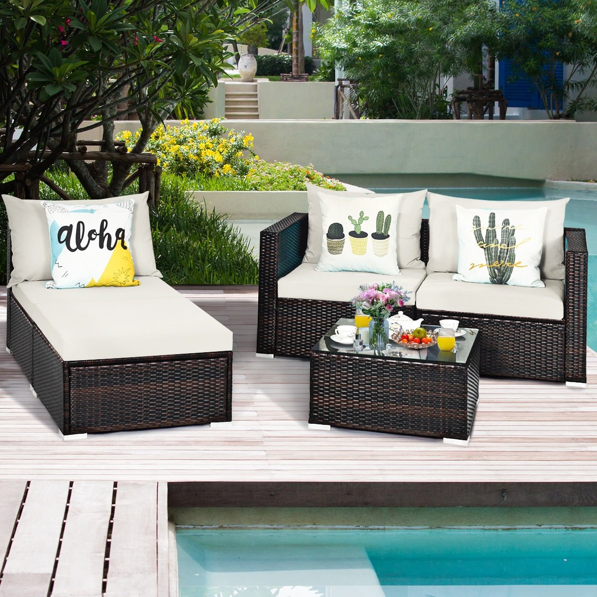 5PCS Patio Rattan Furniture Set Sectional Conversation Sofa w/ Coffee Table HW66521 - Image 3