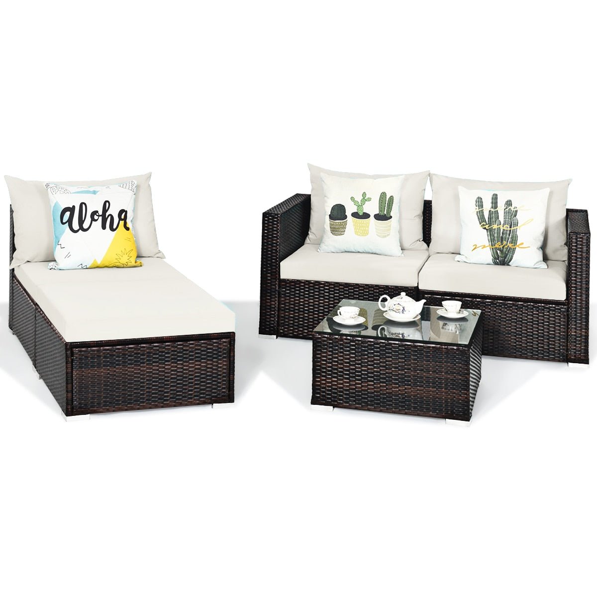 5PCS Patio Rattan Furniture Set Sectional Conversation Sofa w/ Coffee Table HW66521 - Image 8